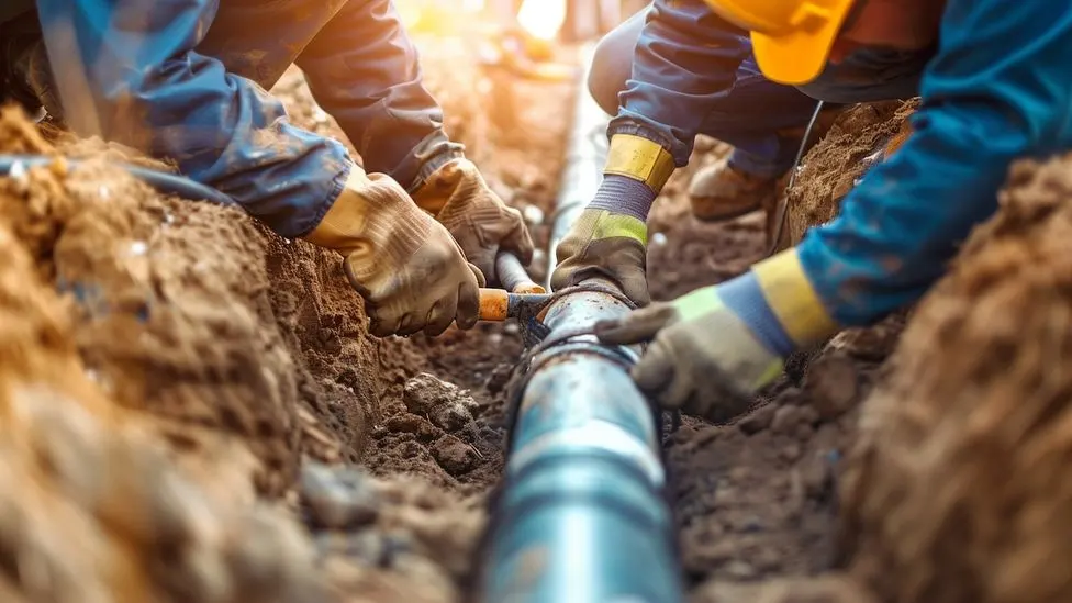 Two construction workers in gloves and a hard hat working together to join a pipe in an underground trench