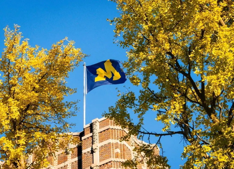The block M flag flying on the roof of the Michigan Union
