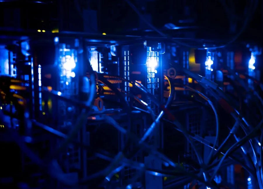 Equipment in the dark with blue lights illuminated on it