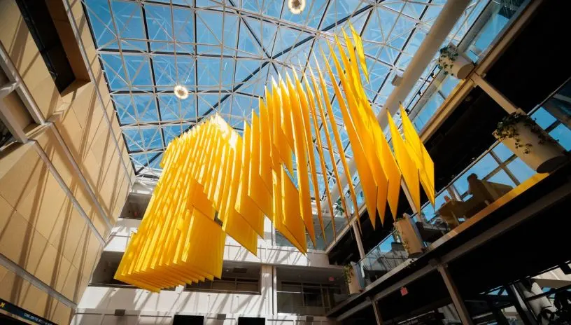 The Block M ceiling art piece in the Student Activities Center